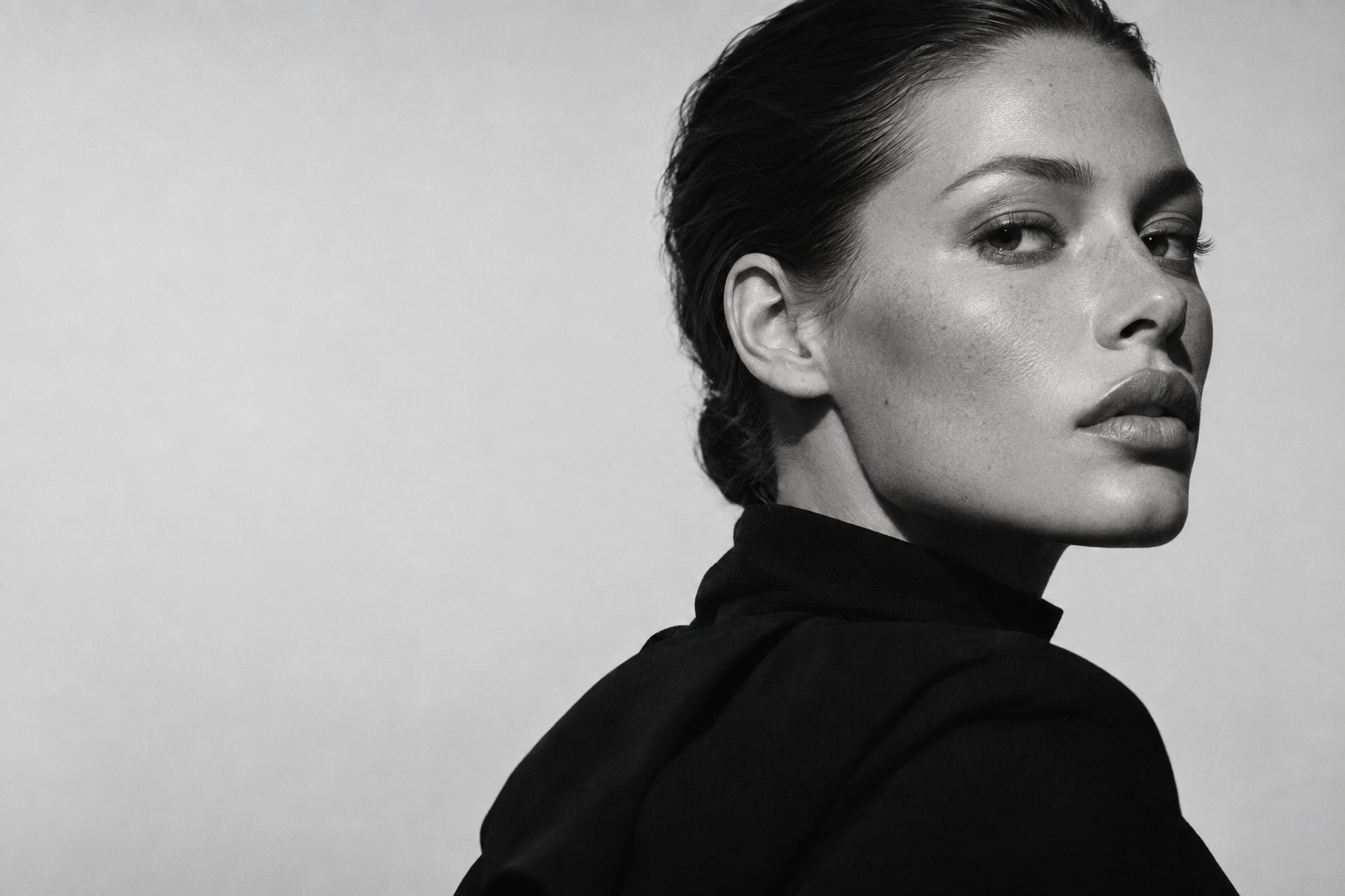 Original REVVYE concept: black-and-white fashion portrait with a sculptural black high-neck silhouette